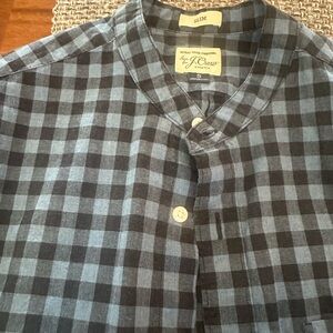J.Crew Collarless Blue and Black Checkered Long Sleeve button down shirt for